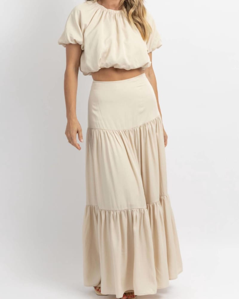 Front of a model wearing a size L European Summer Puff Sleeve Maxi Set In Beige in Beige by Fore. | dia_product_style_image_id:353773